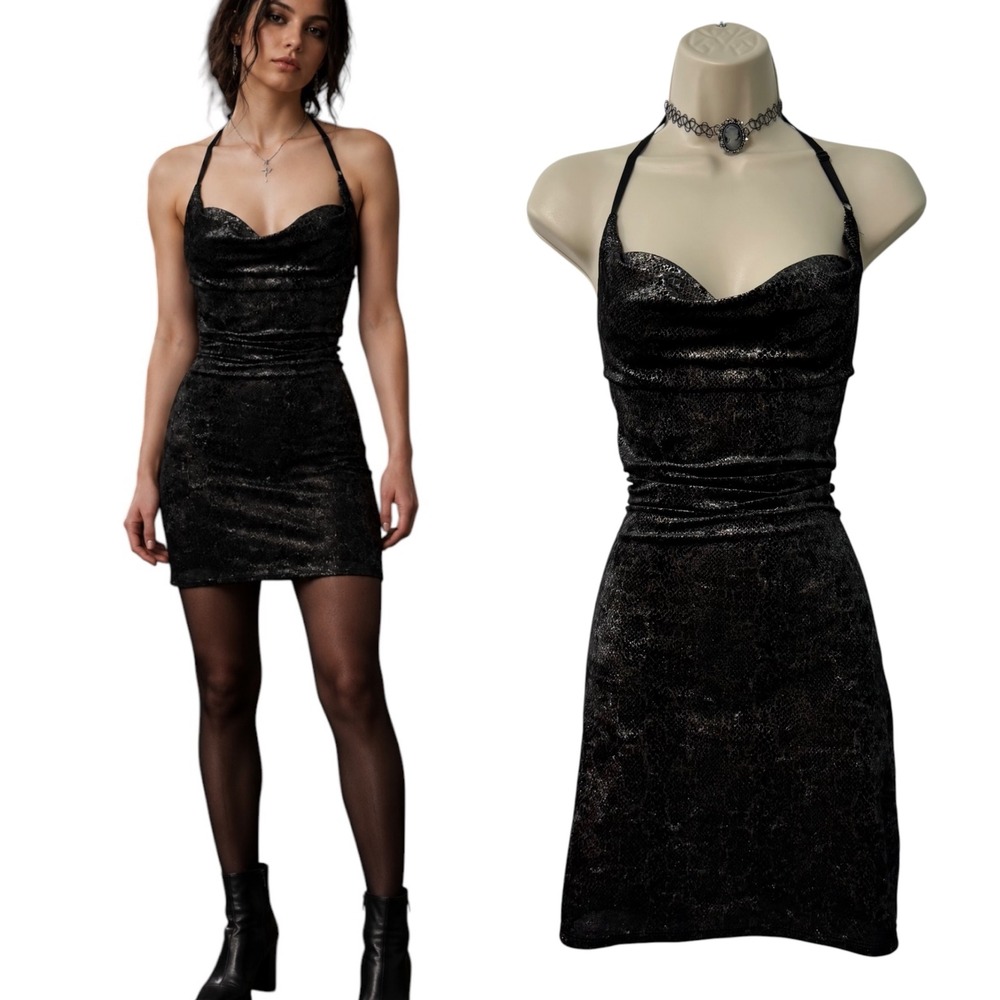 Vtg 90s Y2k Bebe Dress Womens S Mini Halter Cowl Neck Whimsigoth Indie Sleaze